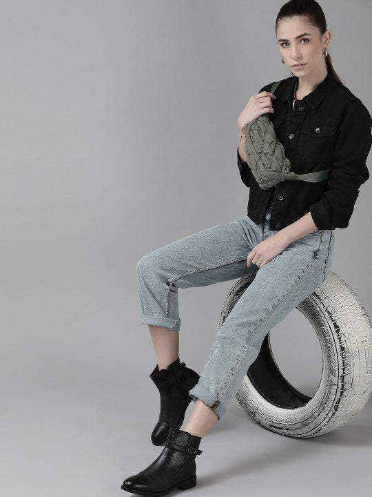 Harchiz Women Pure Cotton Black Denim Jacket – Classic Everyday Style