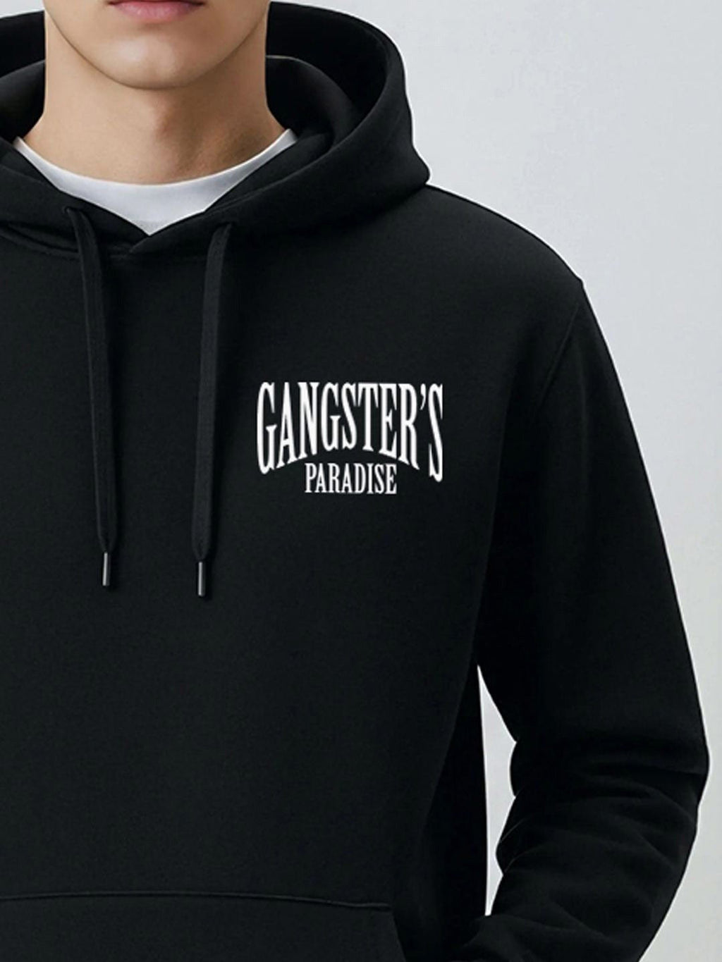 Men Black Cotton Fleece Hooded Pullover Sweatshirt