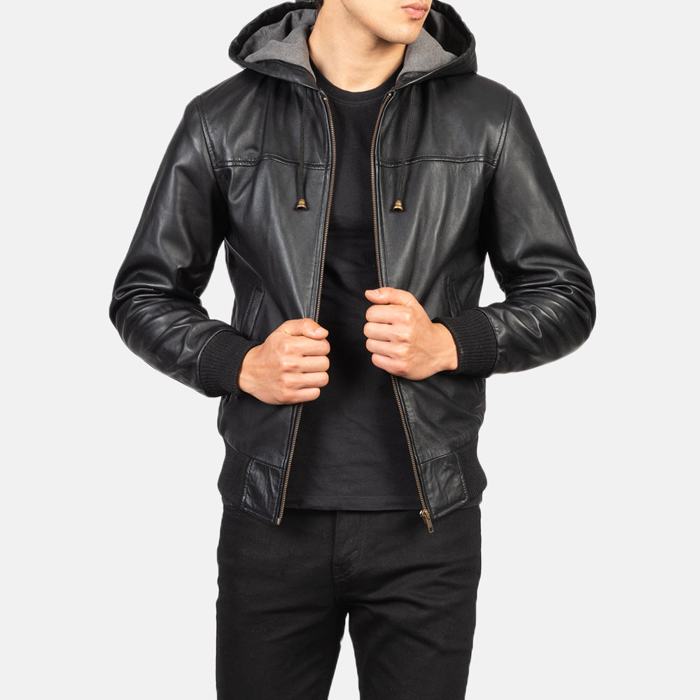 Ace Black Hooded Leather Bomber Jacket