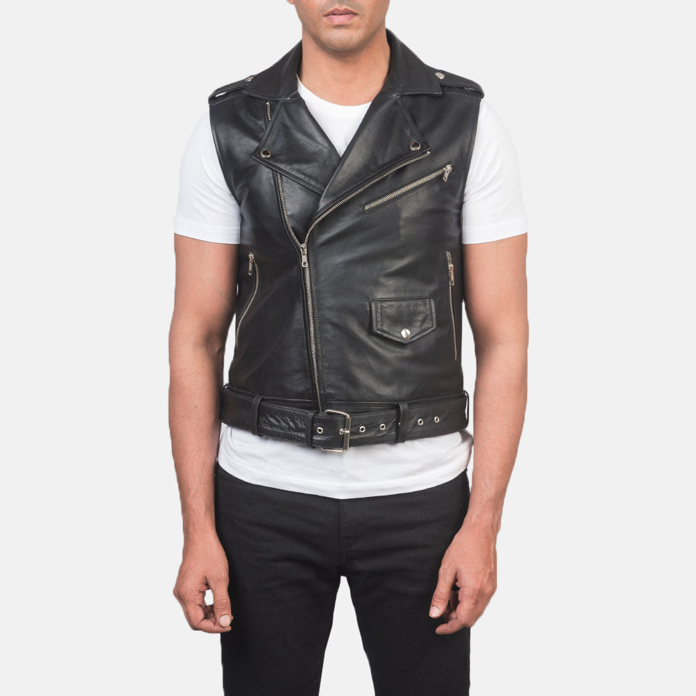 Ace Black Genuine Leather Biker Vest