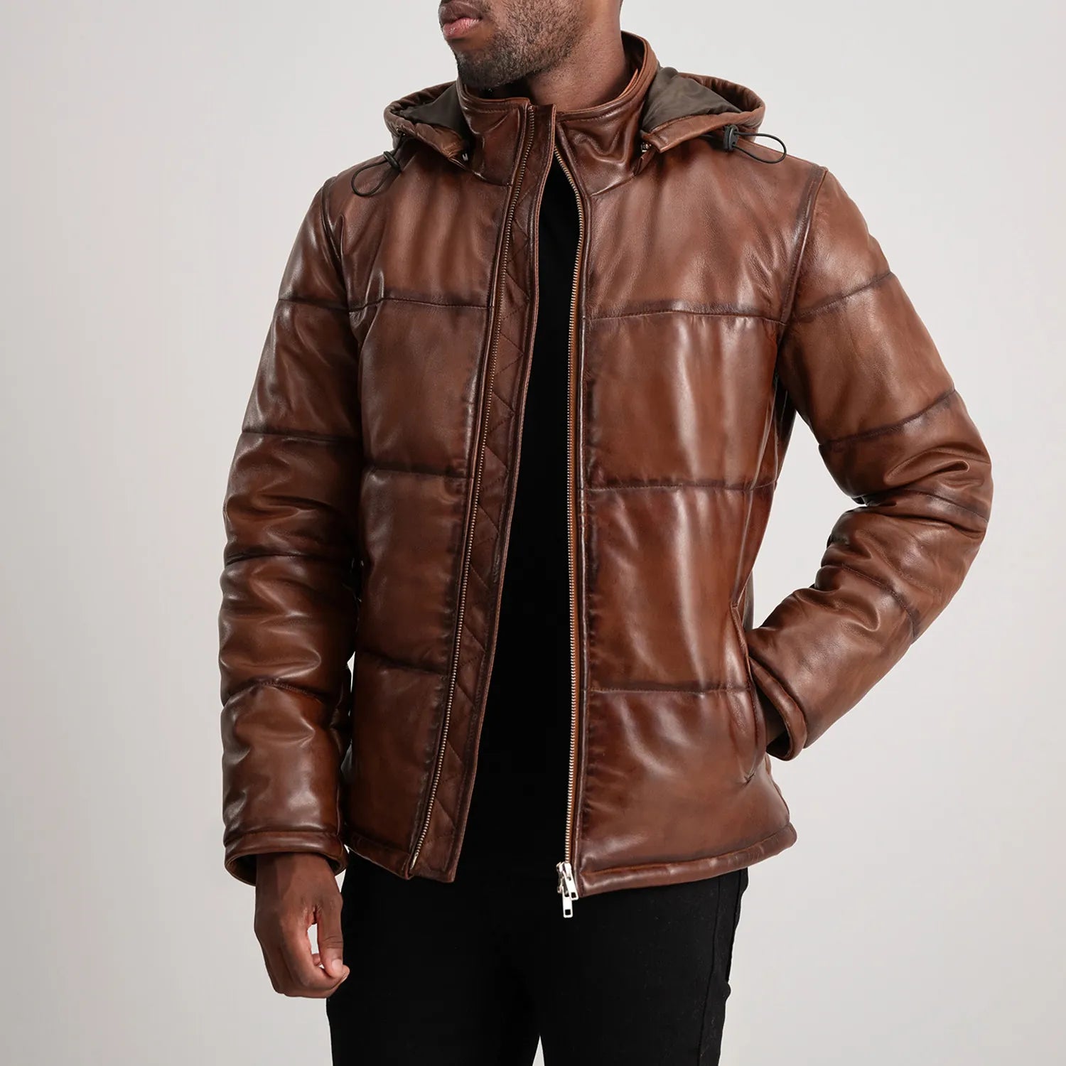 Ace Waxed Brown Hooded Leather Puffer Jacket