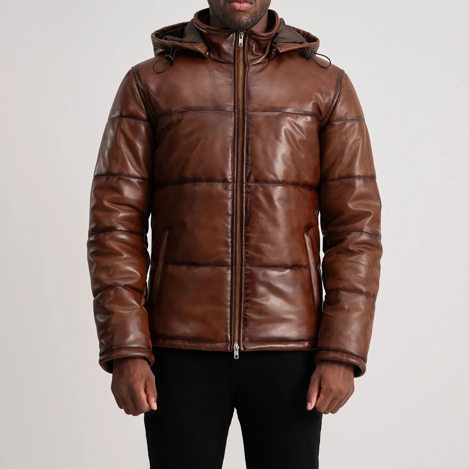 Ace Waxed Brown Hooded Leather Puffer Jacket