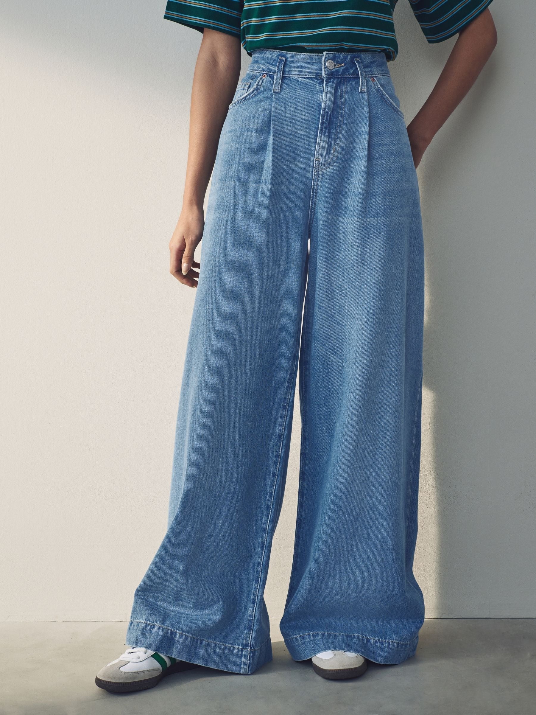 Women Mid Blue Palazzo Wide Leg 100% Cotton Jeans – Trendy Palazzo Denim for Pakistani Women | HARCHIZ