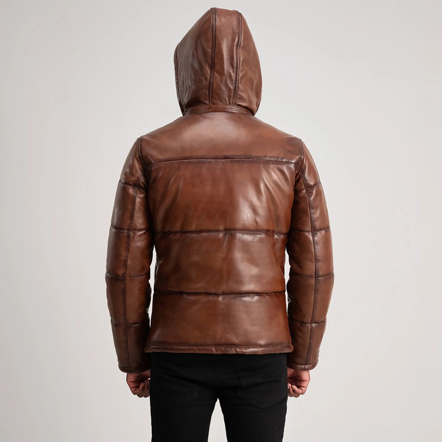 Ace Waxed Brown Hooded Leather Puffer Jacket