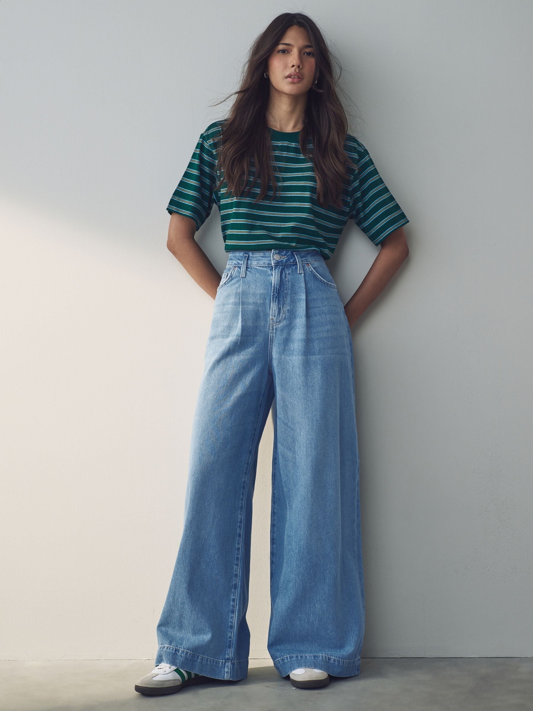 Women Mid Blue Palazzo Wide Leg 100% Cotton Jeans – Trendy Palazzo Denim for Pakistani Women | HARCHIZ