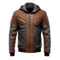 Men's Charcoal Grey Brown Genuine Sheepskin Diamond Quilted Biker Hooded Stylish Zip-Up Moto Bomber Leather Jacket - Front View - Docacca
