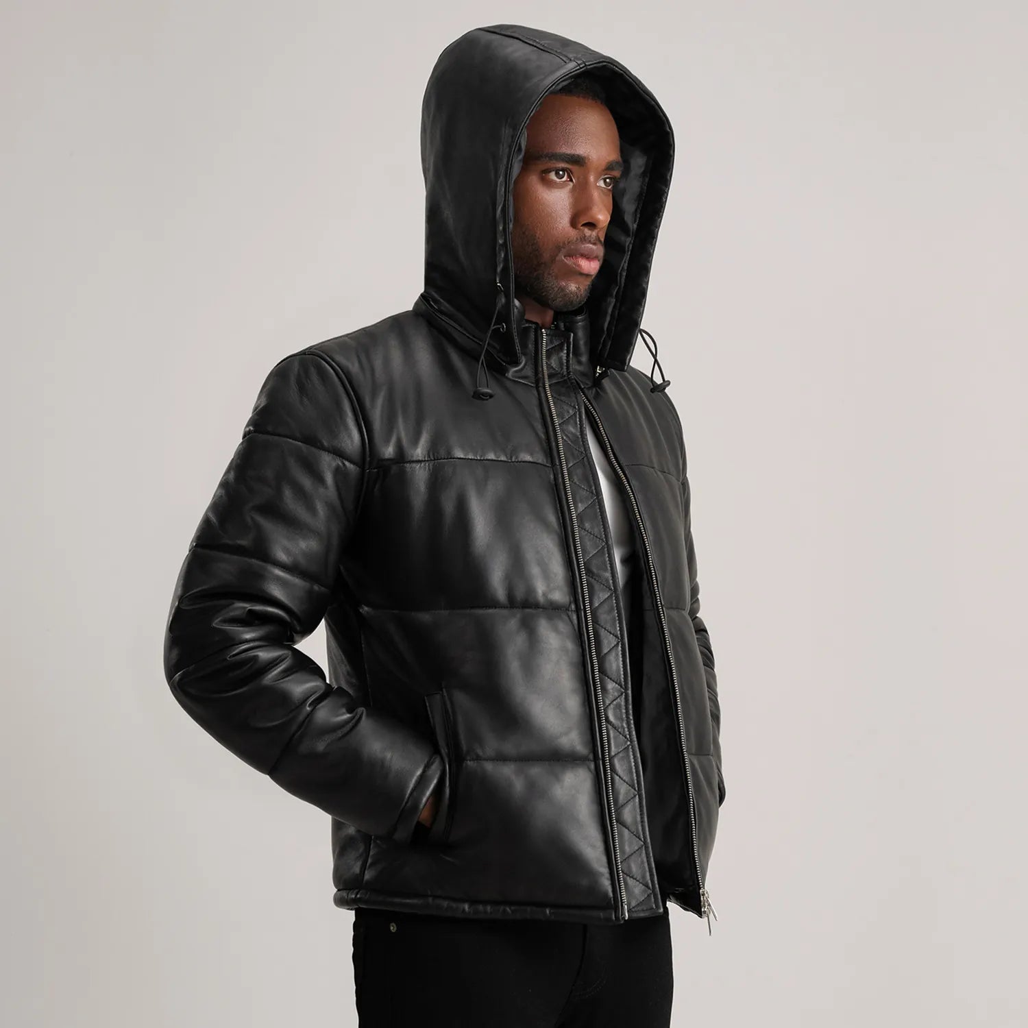 Ace Black Hooded Sheep Leather Puffer Jacket