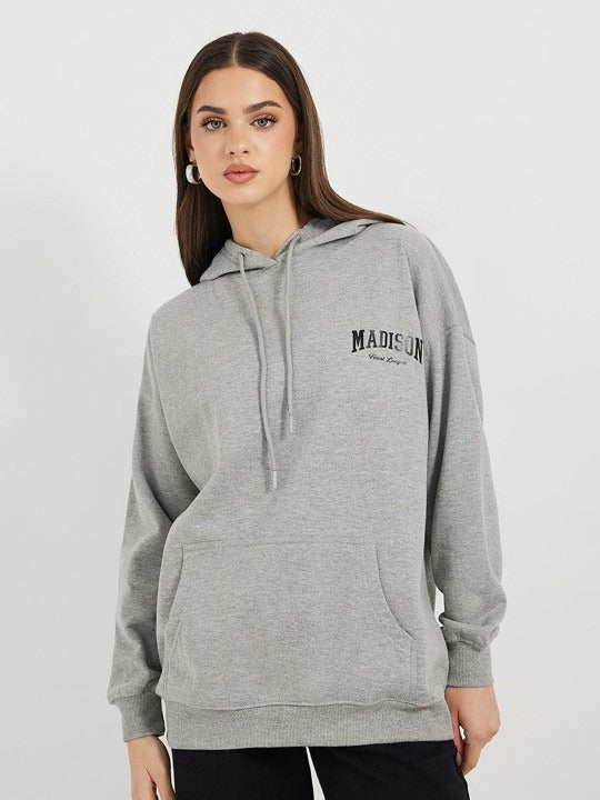 Women’s Longline Slogan Print Pullover Hoodie — Regular Fit with Kangaroo Pocket | HARCHIZ Pakistan