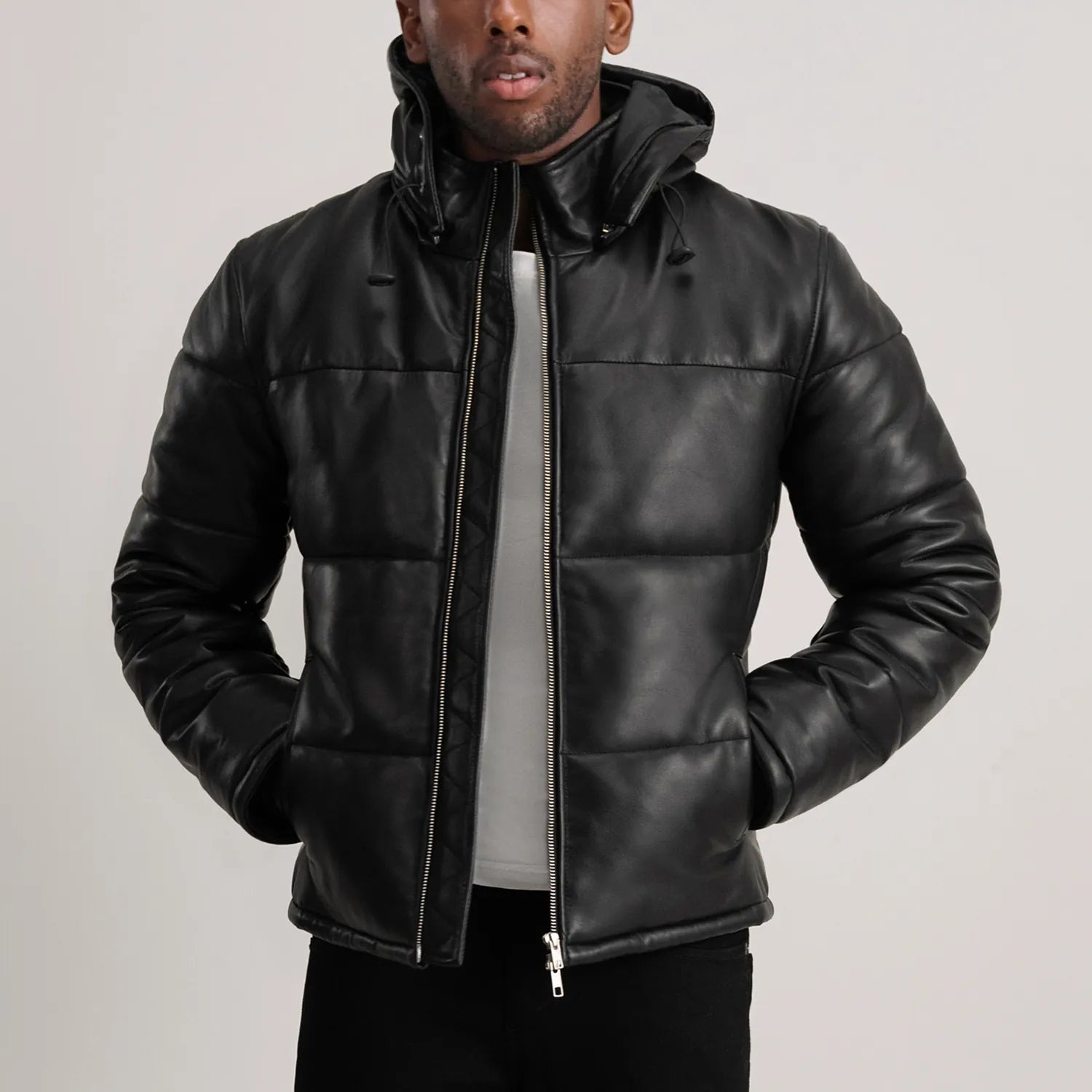Ace Black Hooded Sheep Leather Puffer Jacket