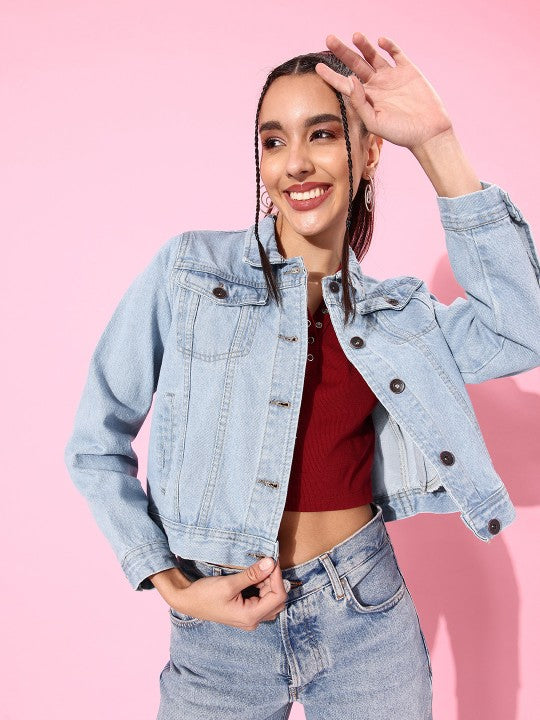 Harchiz Women Light Blue Solid Denim Jacket – Everyday Stylish Outerwear