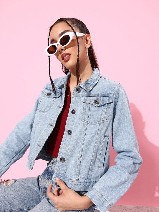 Harchiz Women Light Blue Solid Denim Jacket – Everyday Stylish Outerwear