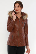 Caroline Tan Hood Long Leather Jacket Fur Collar