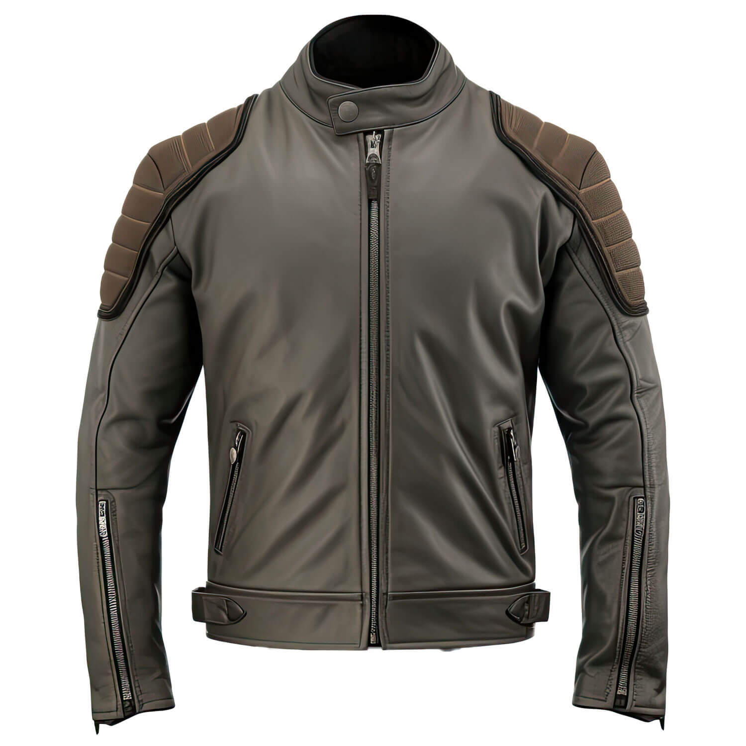 Men's Charcoal Grey Brown Genuine Sheepskin Classy Stand Collar Moto Multiple Zipper Soft Casual Café RHARCHIZr Leather Jacket - Front View - Docacca