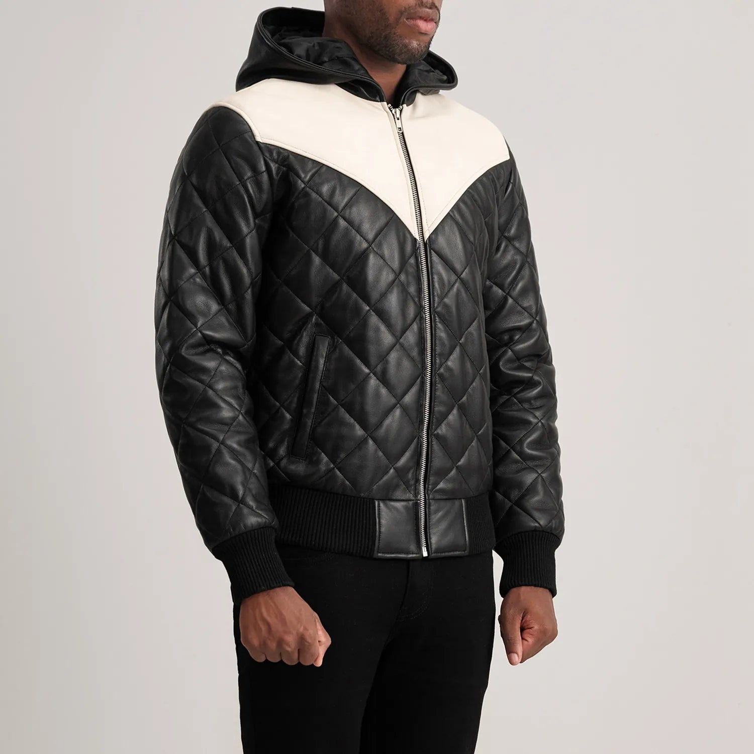 Ace Black-White Hooded Bomber Leather Puffer Jacket