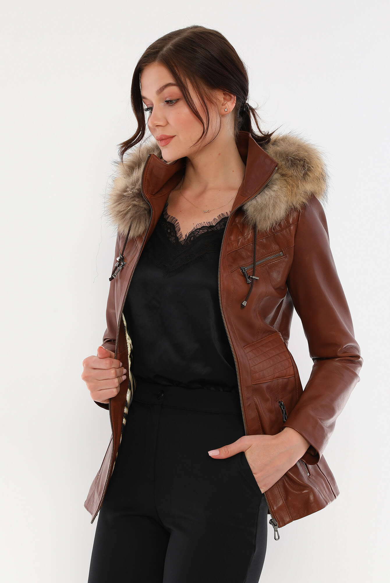 Caroline Tan Hood Long Leather Jacket Fur Collar