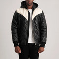 HARCHIZ Black-White Hooded Bomber Leather Puffer Jacket