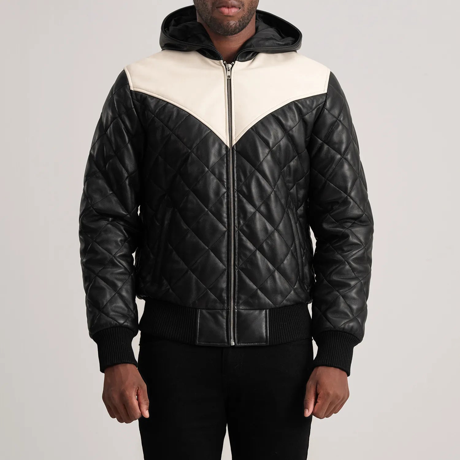 Ace Black-White Hooded Bomber Leather Puffer Jacket