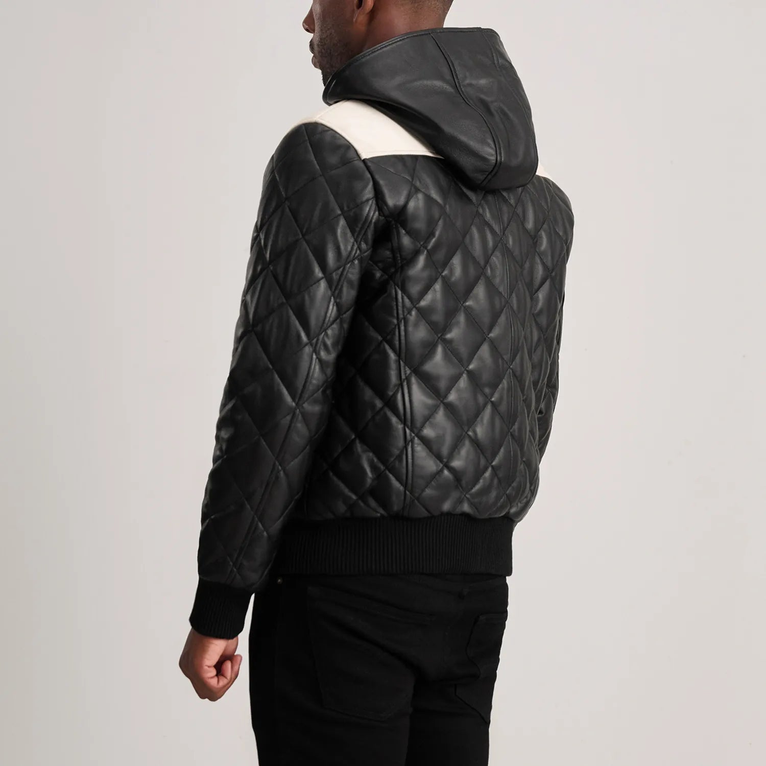 Ace Black-White Hooded Bomber Leather Puffer Jacket