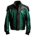 Men's Green Black Genuine Sheepskin Stand Collar Biker Racing Outfit Classy Punk Zip-up Bomber Soft Rib Knit Leather Jacket - Front View - Docacca