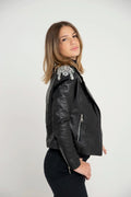 Crystals Shoulder Biker Leather Jacket