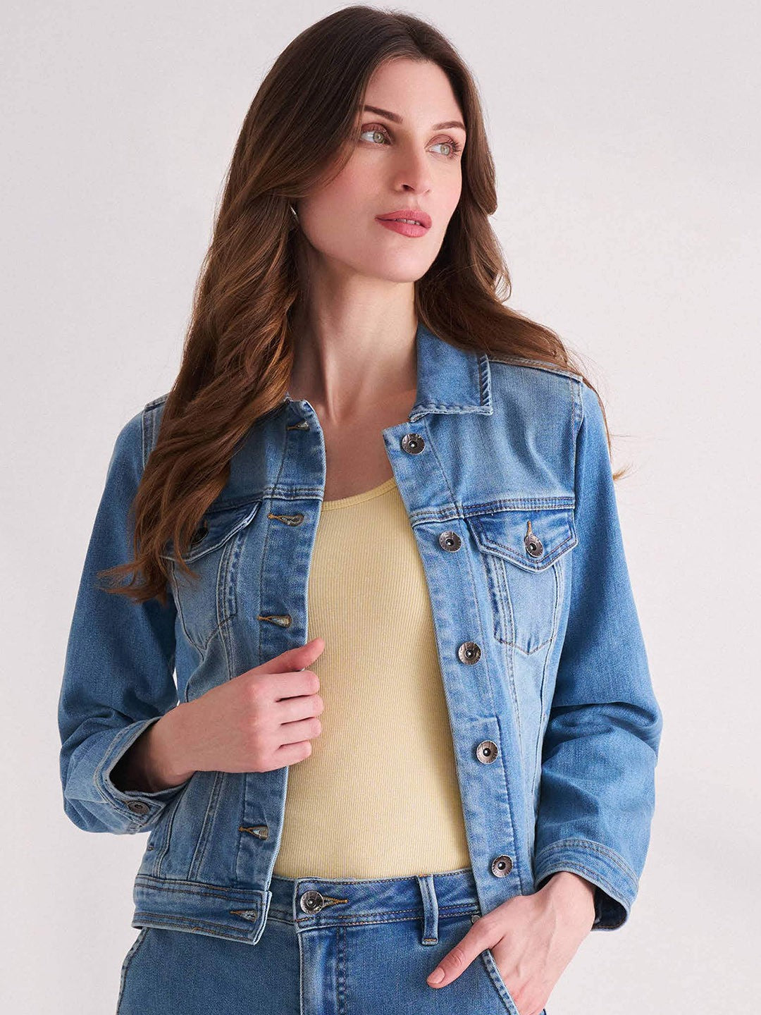 Harchiz Women Light Blue Washed Denim Jacket with Spread Collar – Trendy Casual Layer