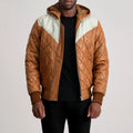 HARCHIZ Tan-White Hooded Bomber Leather Puffer Jacket