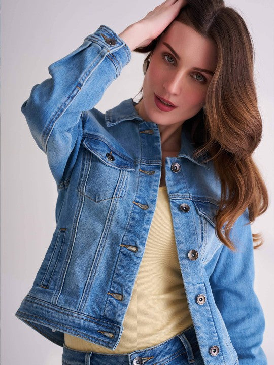 Harchiz Women Light Blue Washed Denim Jacket with Spread Collar – Trendy Casual Layer