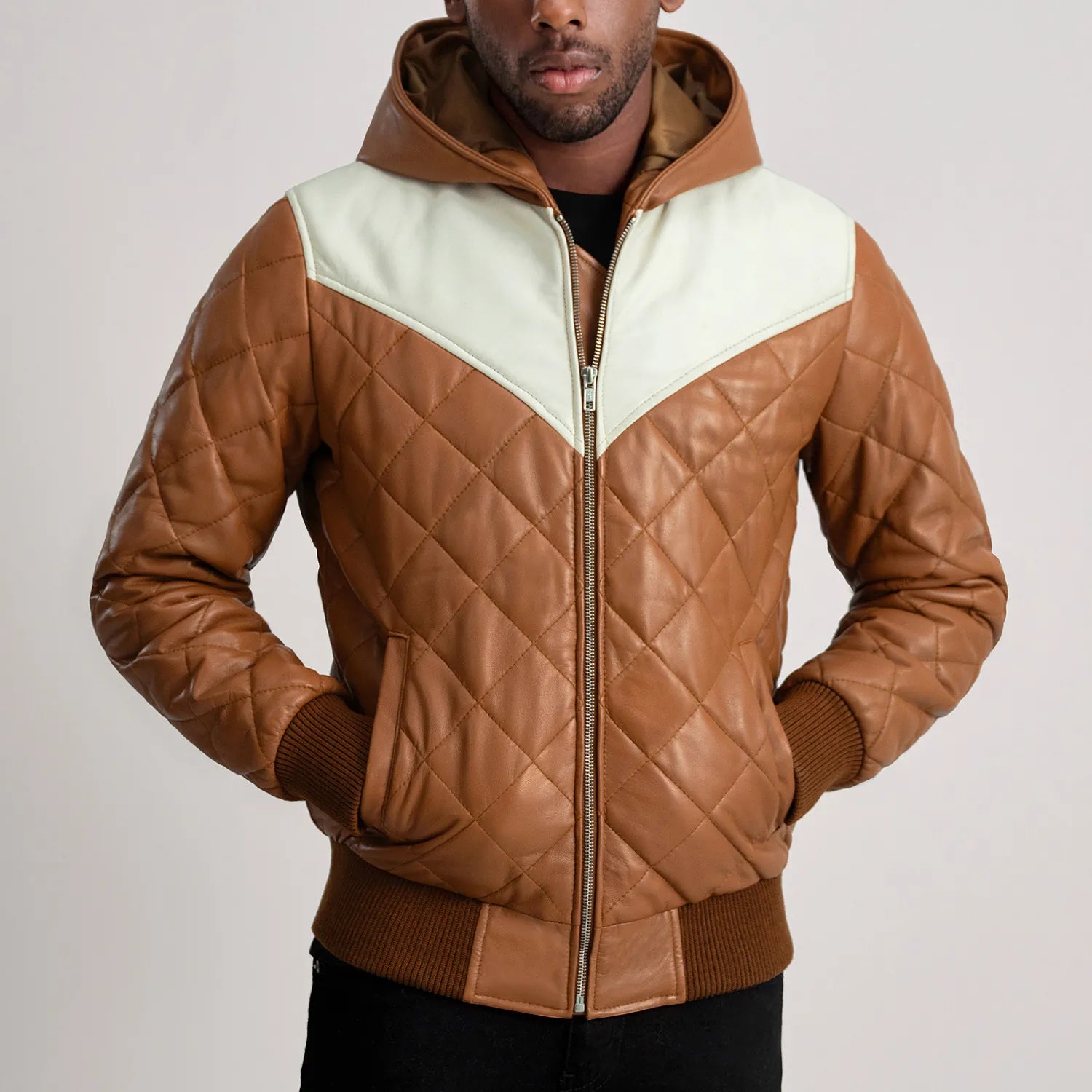 Ace Tan-White Hooded Bomber Leather Puffer Jacket