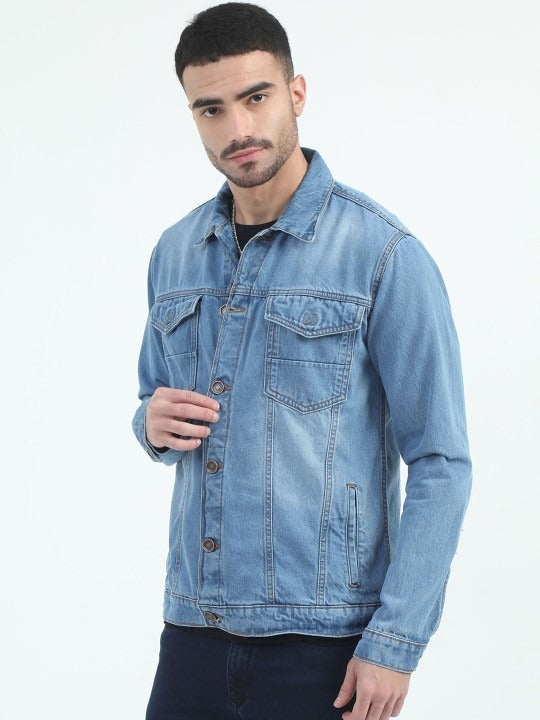 Men Spread Collar Faux Fur Trim Denim Jacket – Winter Essential for Pakistani Men | HARCHIZ