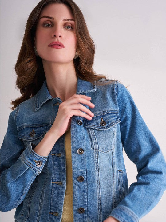 Harchiz Women Light Blue Washed Denim Jacket with Spread Collar – Trendy Casual Layer