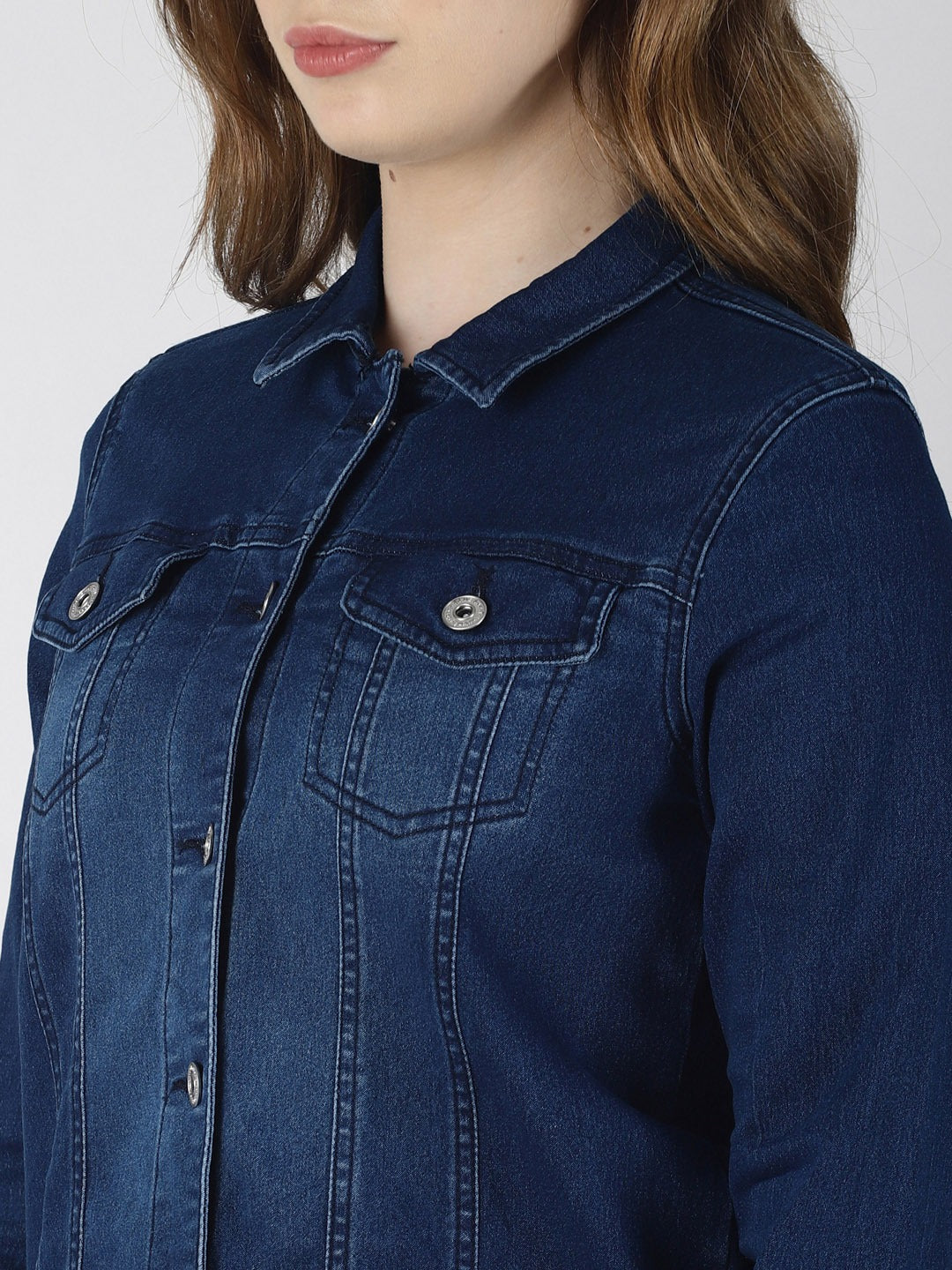 Harchiz Women’s Dark Blue Solid Jacket – Classic Denim Elegance Redefined