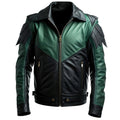 Men's Green Black Genuine Sheepskin Biker Shirt Collar Punk Zip-up Winter Lightweight Fashionable RHARCHIZr Leather Jacket - Front View - Docacca