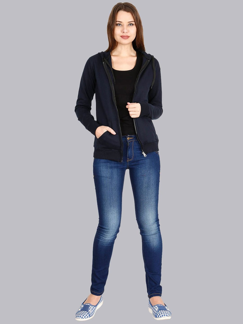 Women Navy Blue Cotton Zipper Hoodie — Full-Zip Cotton Sweatshirt with Kangaroo Pocket | HARCHIZ Pakistan