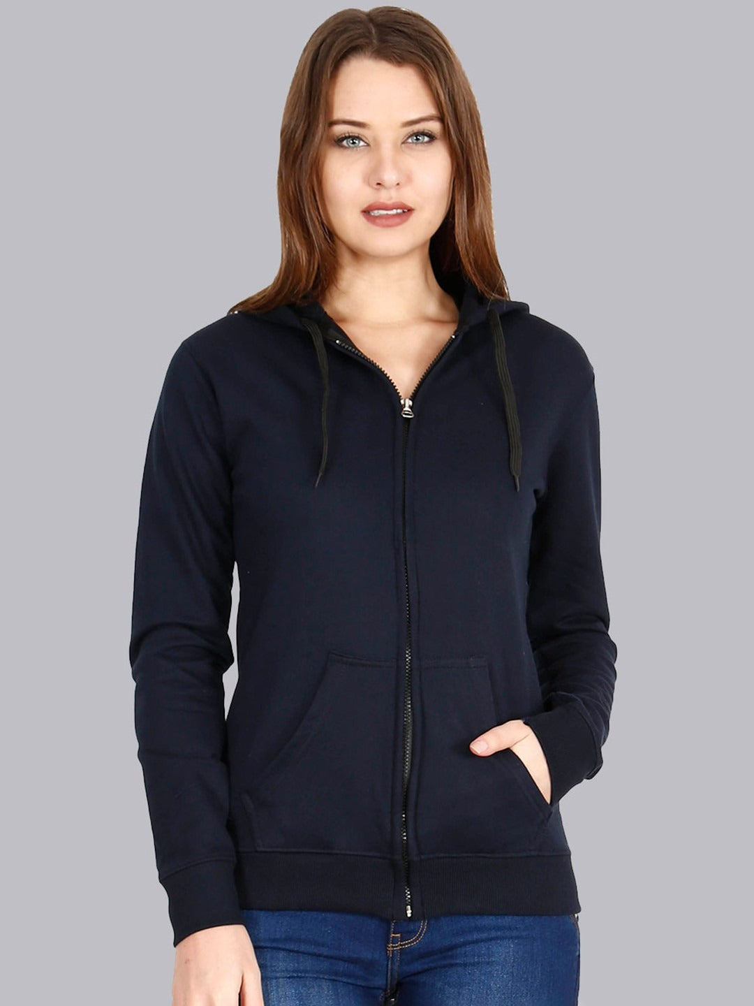 Women Navy Blue Cotton Zipper Hoodie — Full-Zip Cotton Sweatshirt with Kangaroo Pocket | HARCHIZ Pakistan