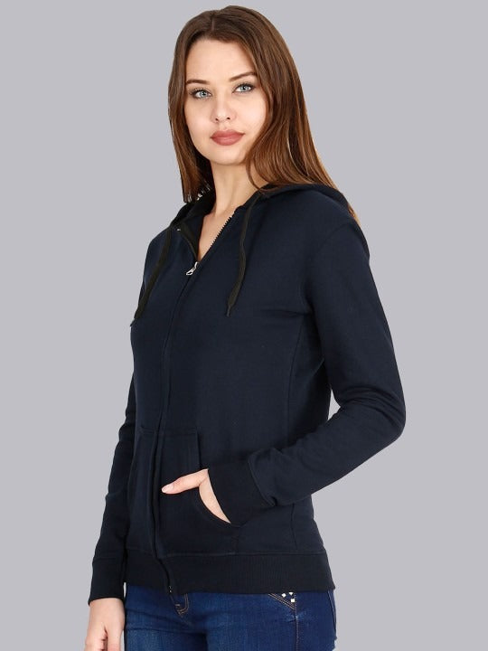 Women Navy Blue Cotton Zipper Hoodie — Full-Zip Cotton Sweatshirt with Kangaroo Pocket | HARCHIZ Pakistan