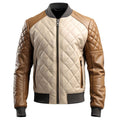 Men's Brown Beige Genuine Sheepskin Baseball Collar Classy Casual Sporty Scooter Diamond Quilted Bomber Leather Jacket - Front View - Docacca
