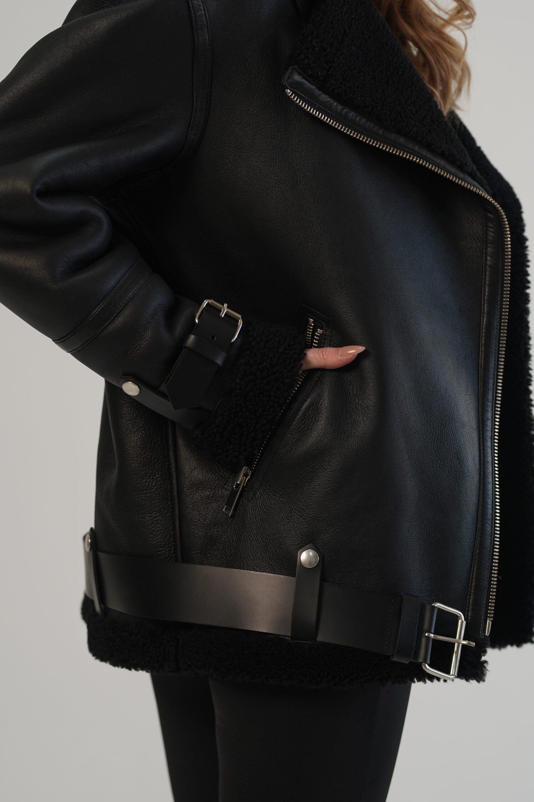 Black Biker Leather Shearling Jacket For Women