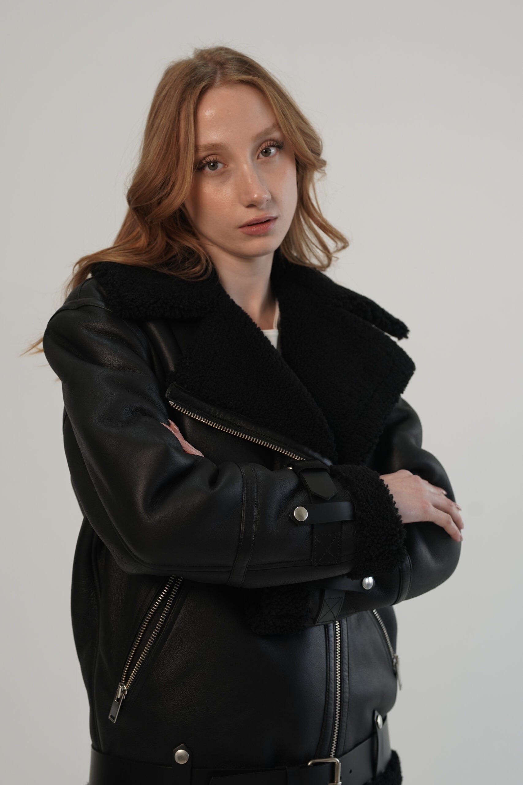 Black Biker Leather Shearling Jacket For Women