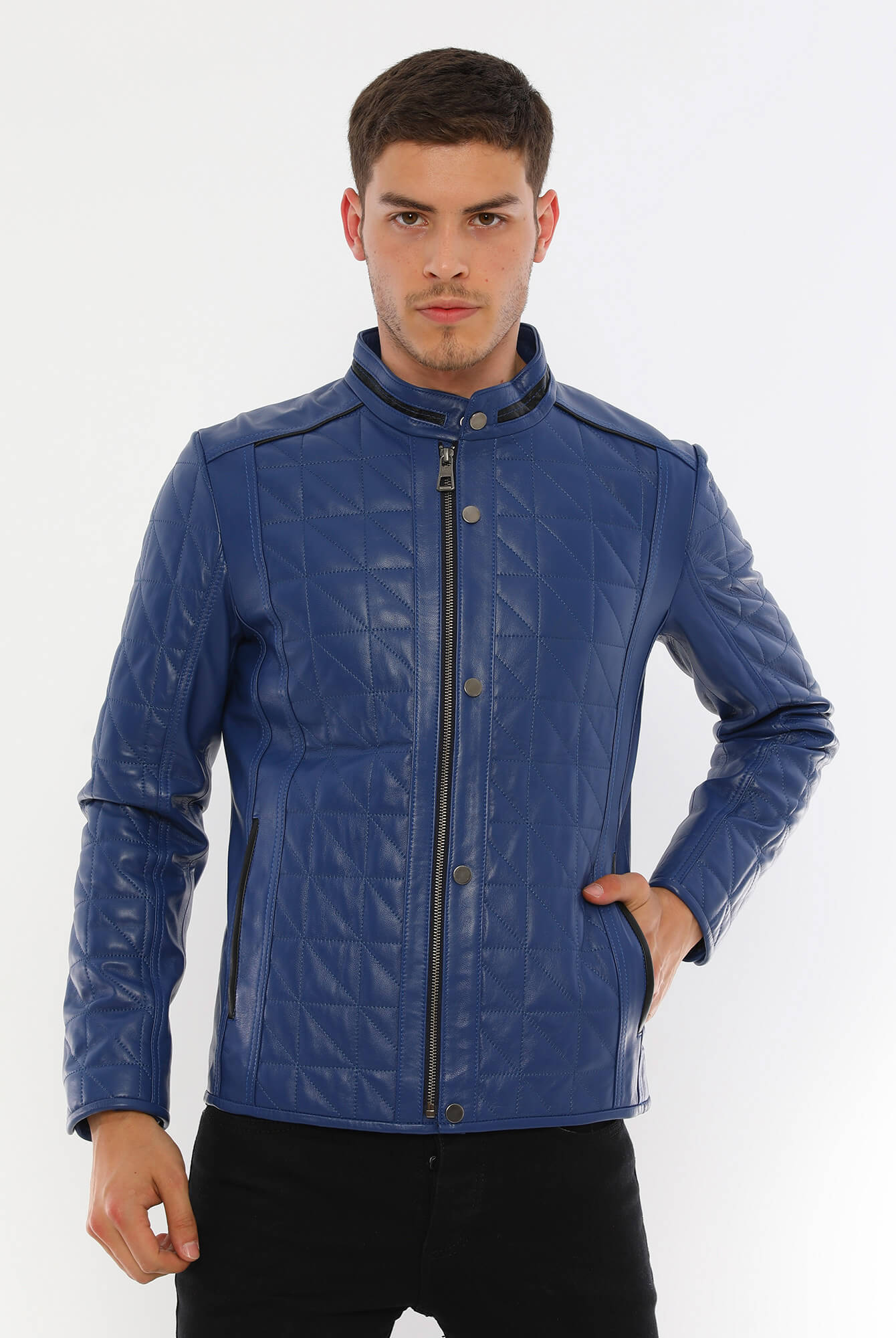 Alanzo Blue Biker Leather Jacket For Men