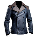 Men's Navy Blue Brown Genuine Sheepskin Notch Lapel Collar Classy Smooth Outfit Double Breasted Leather Trench Coat - Front View - Docacca