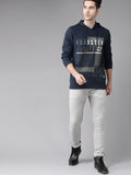 Men Navy Blue & Charcoal Grey Printed Hooded Sweatshirt – Cotton Fleece Hoodie in Pakistan