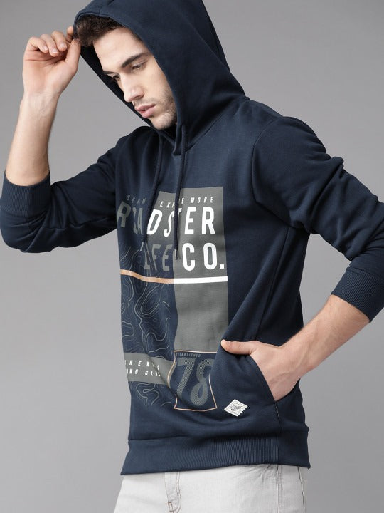 Men Navy Blue & Charcoal Grey Printed Hooded Sweatshirt – Cotton Fleece Hoodie in Pakistan