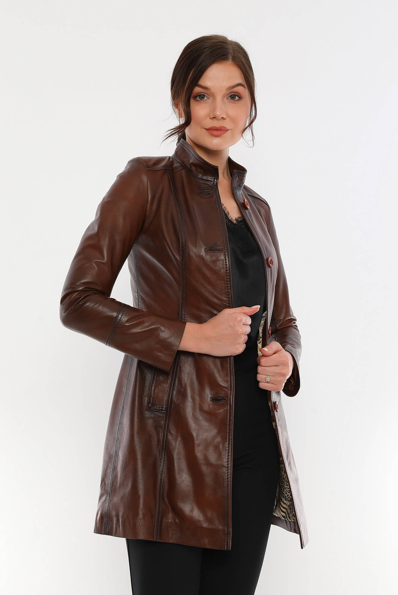 Ace Brown Premium Leather Trench Coat For Women