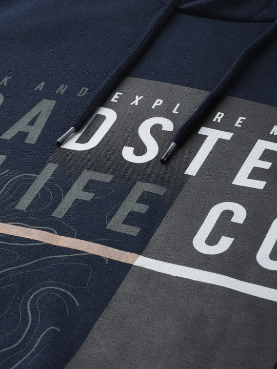 Men Navy Blue & Charcoal Grey Printed Hooded Sweatshirt – Cotton Fleece Hoodie in Pakistan