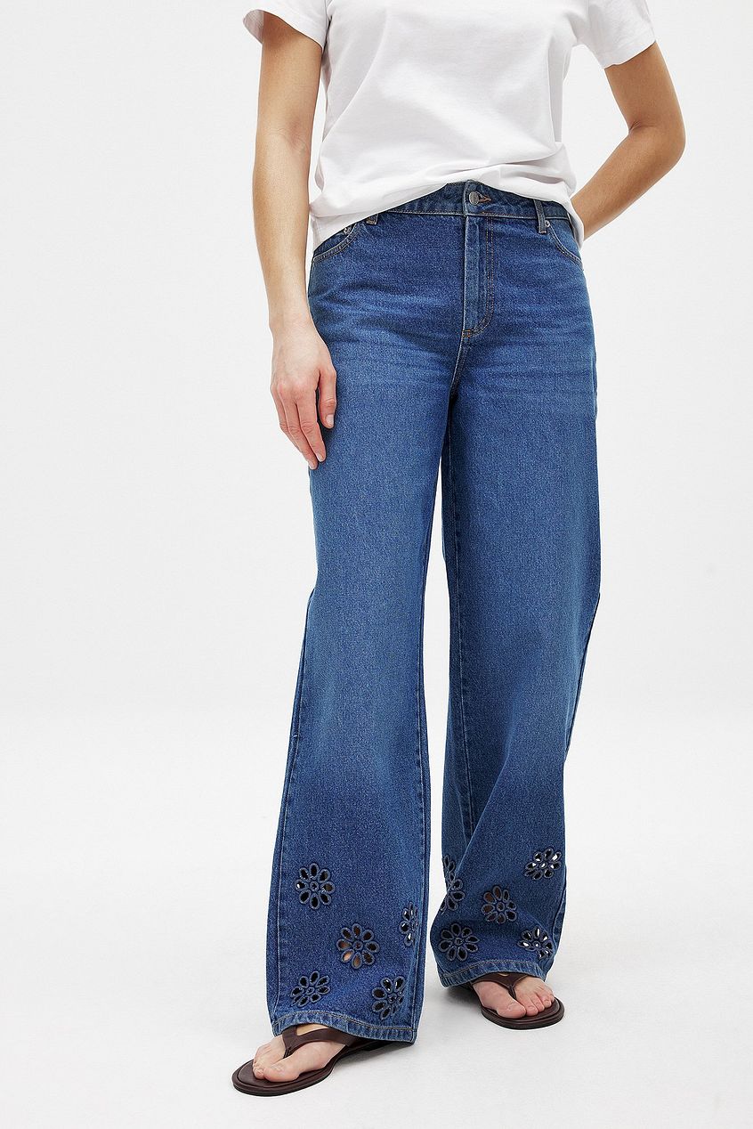 Women Flower Cut Out Mid Waist Jeans – Floral Cutout Denim, Mid-Rise Street Style | HARCHIZ