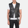 HARCHIZ Black Genuine Leather Biker Vest