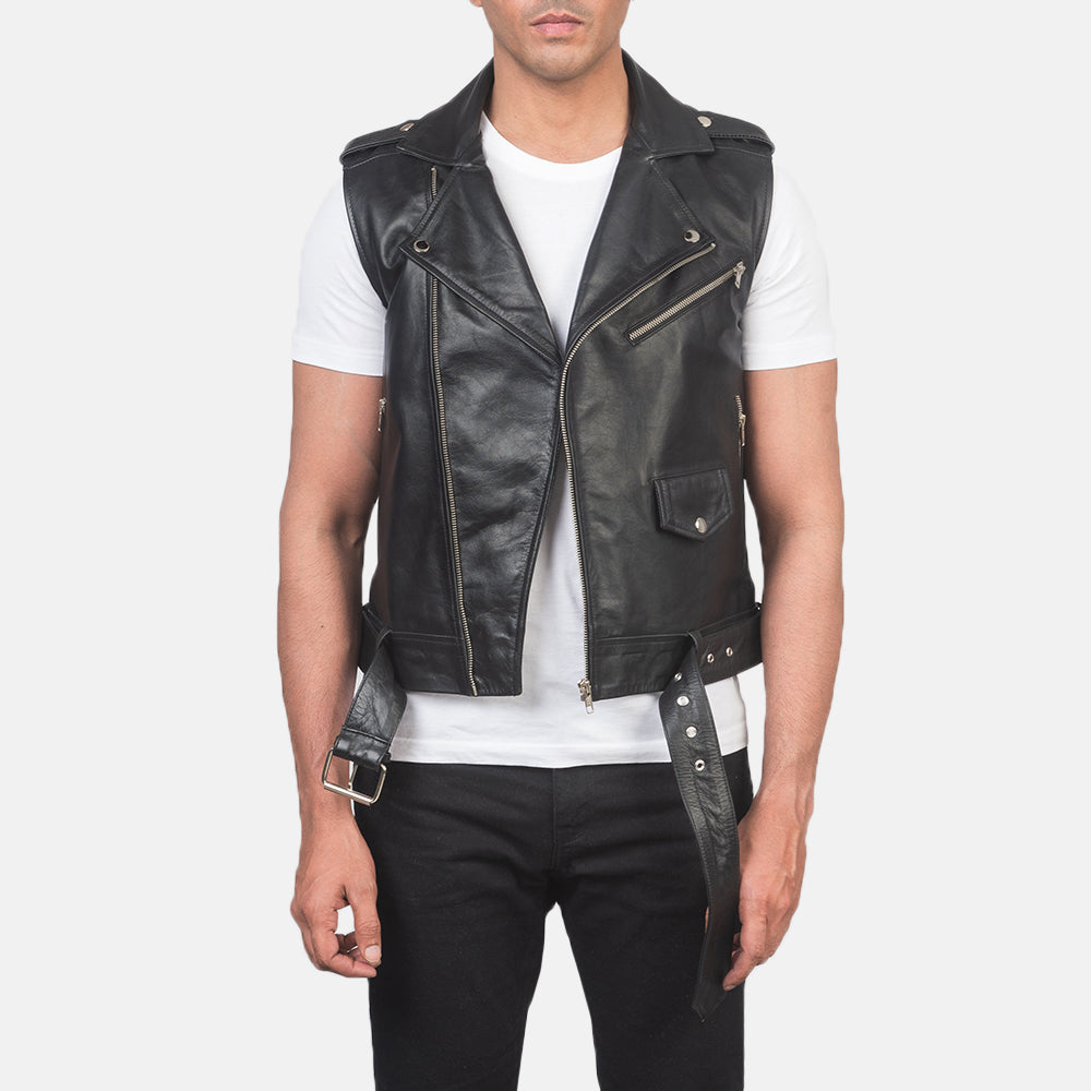 HARCHIZ Black Genuine Leather Biker Vest