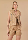 HARCHIZ Taupe Women's Biker Genuine Leather Vest