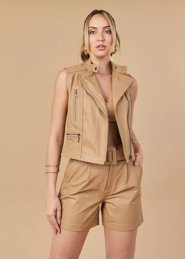 Ace Taupe Women's Biker Genuine Leather Vest