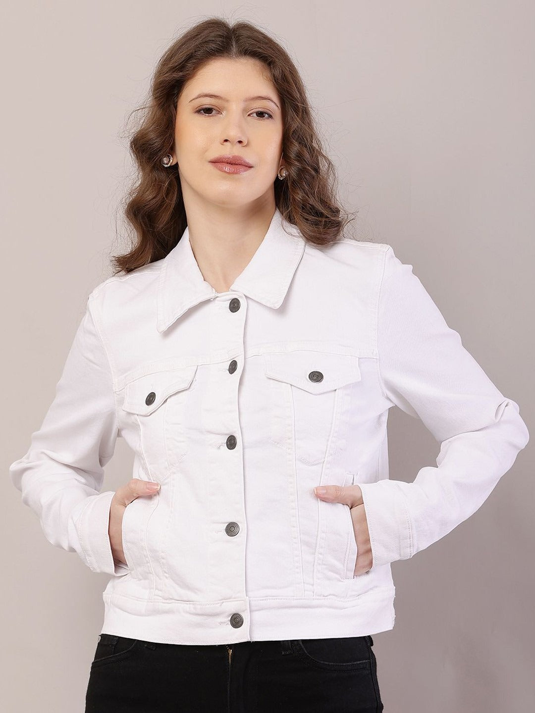 Women Spread Collar Solid Cotton Casual Denim Jacket – Stylish Everyday Outerwear for Pakistani Women | HARCHIZ